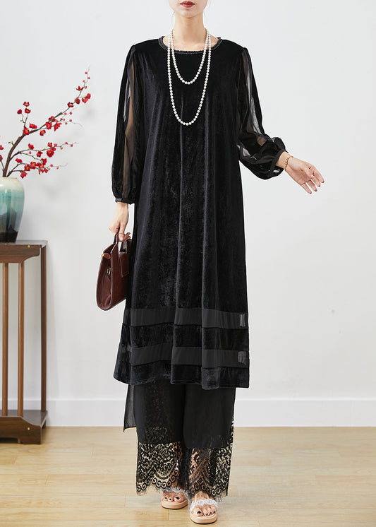 Women Black Hollow Out Patchwork Silk Velour Maxi Dresses Bracelet Sleeve Ada Fashion