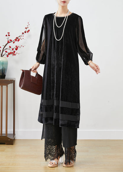 Women Black Hollow Out Patchwork Silk Velour Maxi Dresses Bracelet Sleeve Ada Fashion