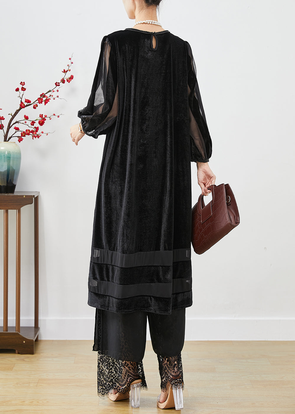 Women Black Hollow Out Patchwork Silk Velour Maxi Dresses Bracelet Sleeve Ada Fashion