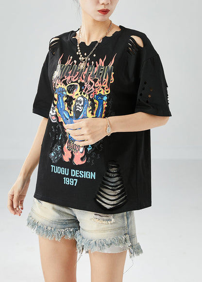 Women Black Hollow Out Print Ripped Cotton Tanks Summer LY6121 - fabuloryshop