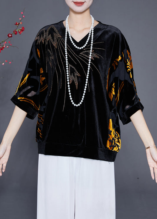 Women Black Hollow Out Zircon Silk Velour Shirt Top Half Sleeve Ada Fashion