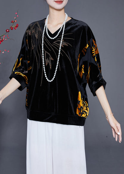 Women Black Hollow Out Zircon Silk Velour Shirt Top Half Sleeve Ada Fashion