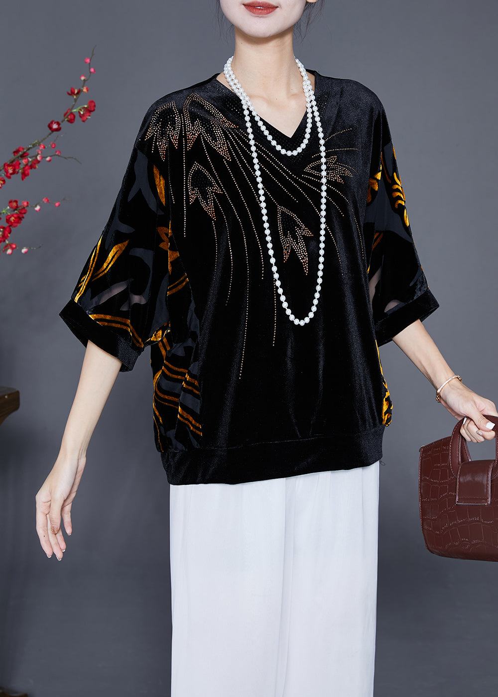 Women Black Hollow Out Zircon Silk Velour Shirt Top Half Sleeve Ada Fashion