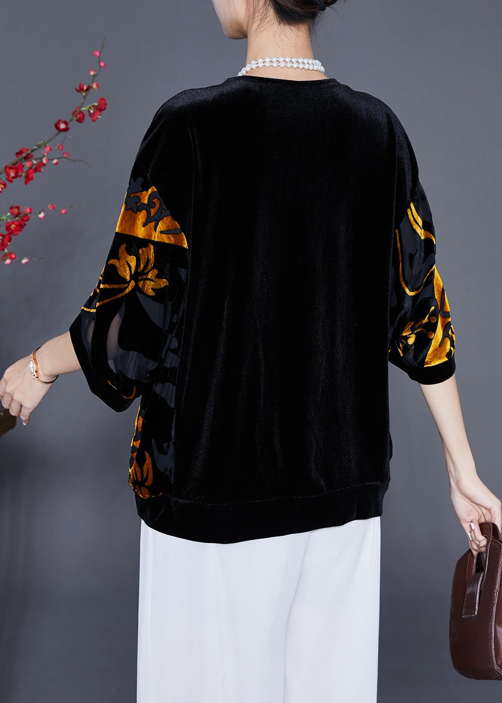 Women Black Hollow Out Zircon Silk Velour Shirt Top Half Sleeve Ada Fashion