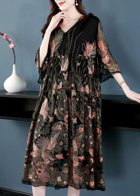 Women Black Hooded Embroideried Silk A Line Dress Summer LY0693 - fabuloryshop