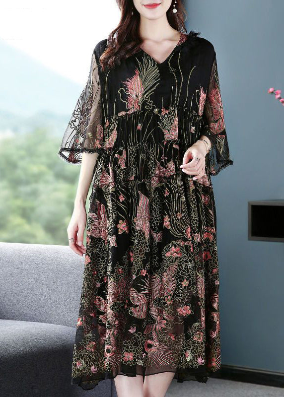 Women Black Hooded Embroideried Silk A Line Dress Summer LY0693 - fabuloryshop