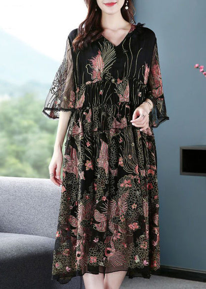 Women Black Hooded Embroideried Silk A Line Dress Summer LY0693 - fabuloryshop