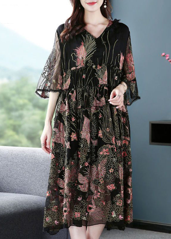 Women Black Hooded Embroideried Silk A Line Dress Summer AC3000