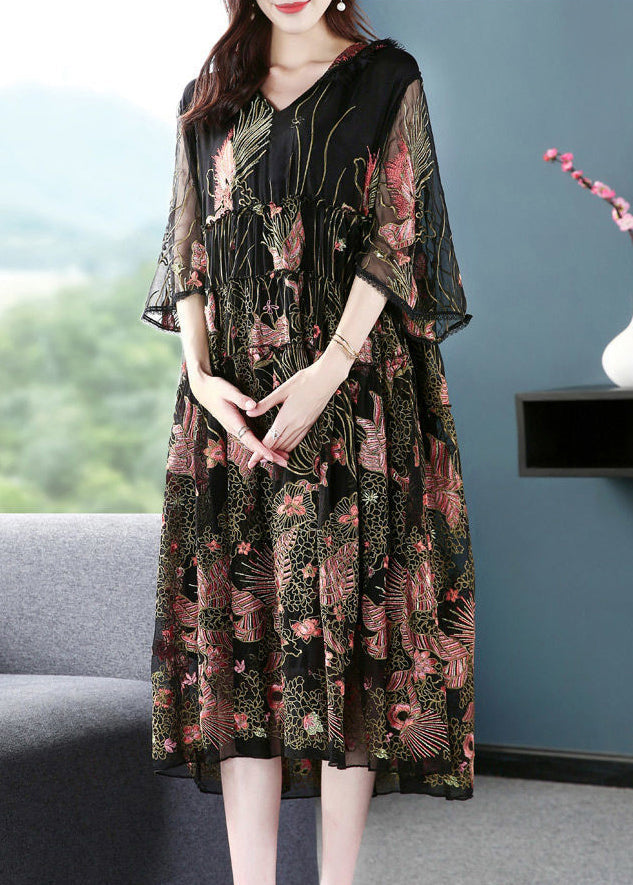 Women Black Hooded Embroideried Silk A Line Dress Summer LY0693