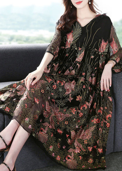 Women Black Hooded Embroideried Silk A Line Dress Summer LY0693 - fabuloryshop