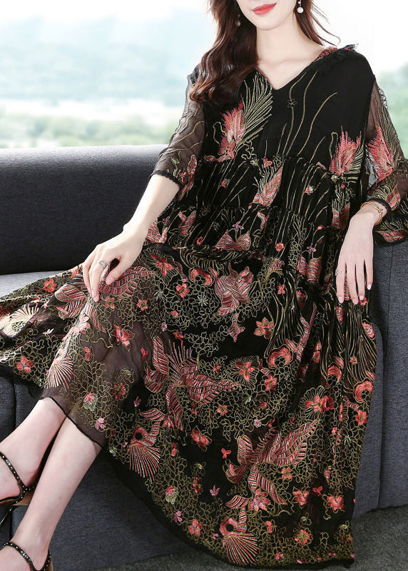 Women Black Hooded Embroideried Silk A Line Dress Summer AC3000