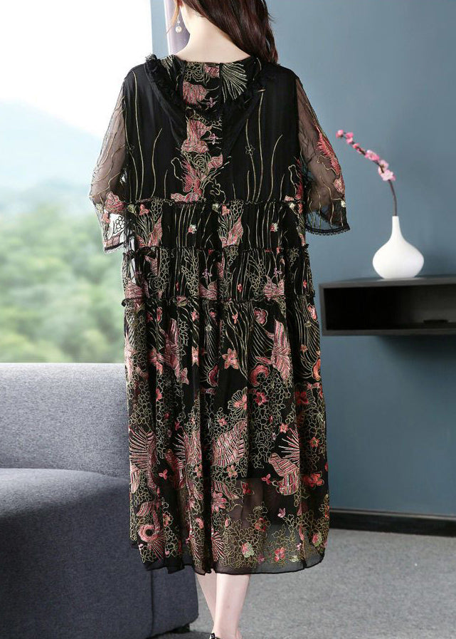 Women Black Hooded Embroideried Silk A Line Dress Summer LY0693 - fabuloryshop