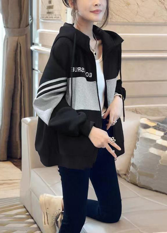 Women Black Hooded Patchwork Cotton Coats Long Sleeve Ada Fashion