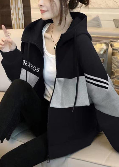 Women Black Hooded Patchwork Cotton Coats Long Sleeve Ada Fashion