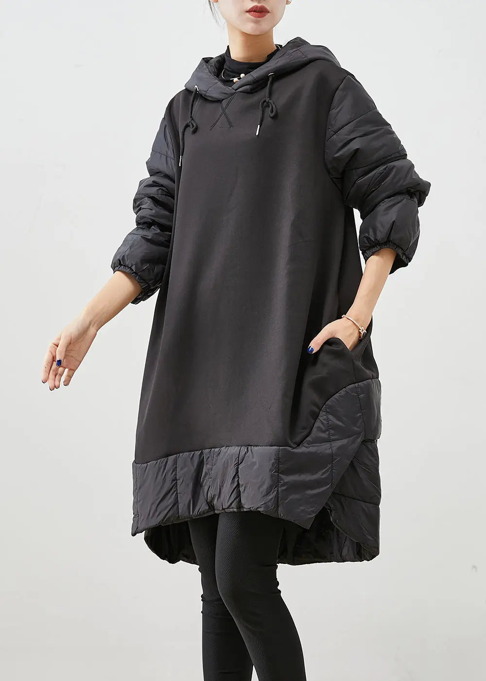 Women Black Hooded Patchwork Thick Cotton Pullover Sweatshirt Dress Fall Ada Fashion