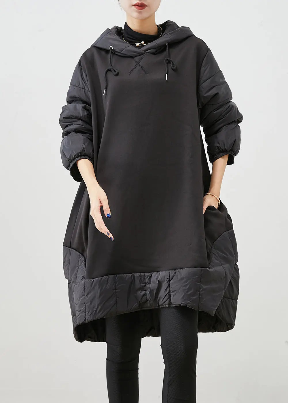 Women Black Hooded Patchwork Thick Cotton Pullover Sweatshirt Dress Fall Ada Fashion