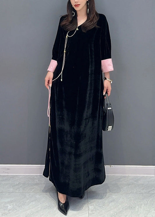 Women Black Lace Up Side Open Patchwork Velour Long Dress Fall Ada Fashion