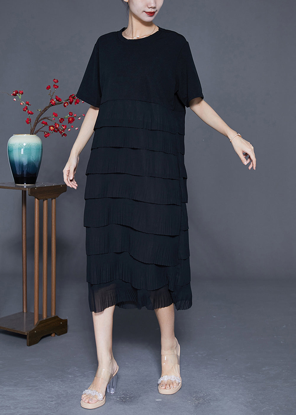 Women Black Layered Ruffles Wrinkled Chiffon Long Dress Summer LY3687 - fabuloryshop