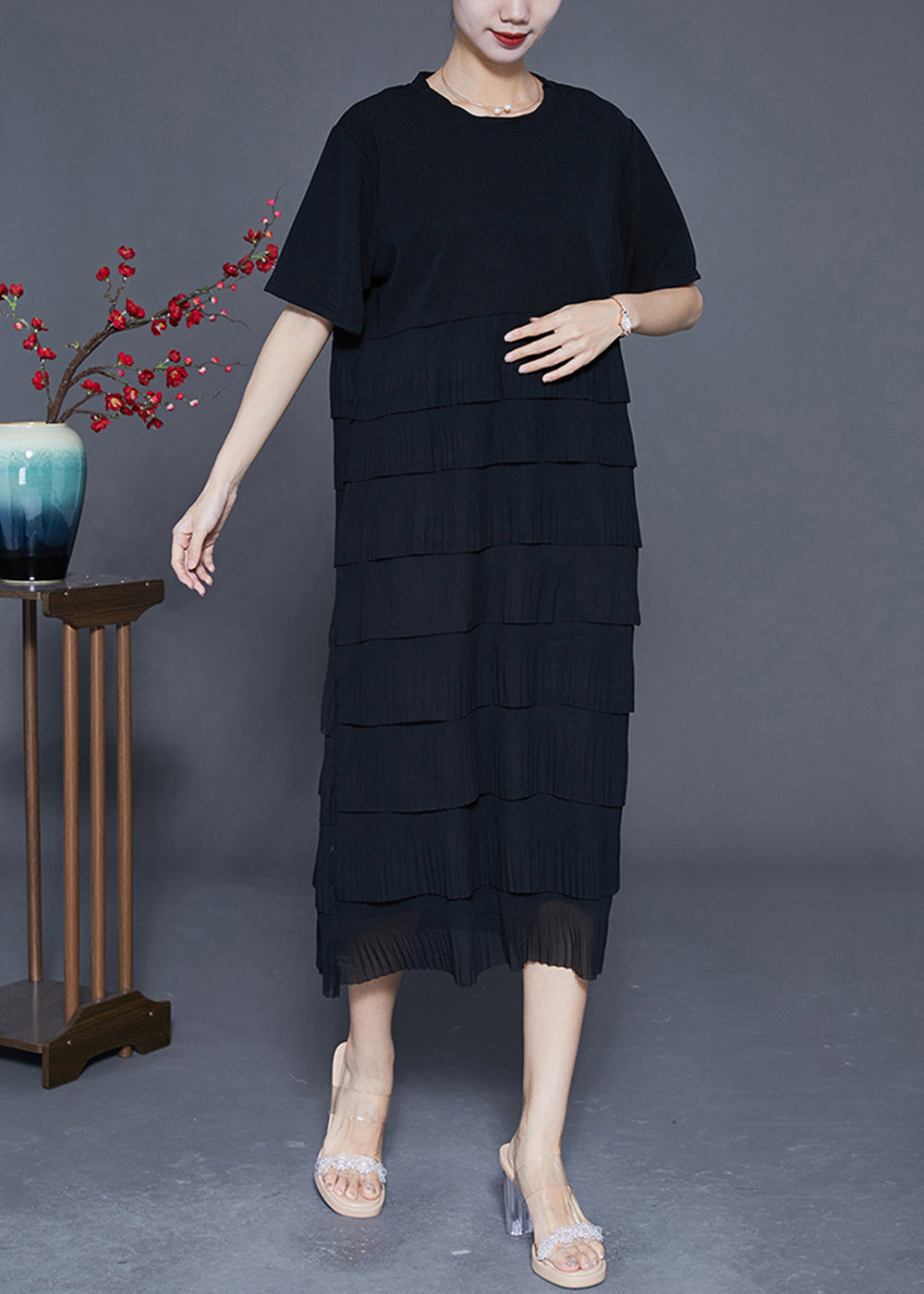 Women Black Layered Ruffles Wrinkled Chiffon Long Dress Summer LY3687 - fabuloryshop