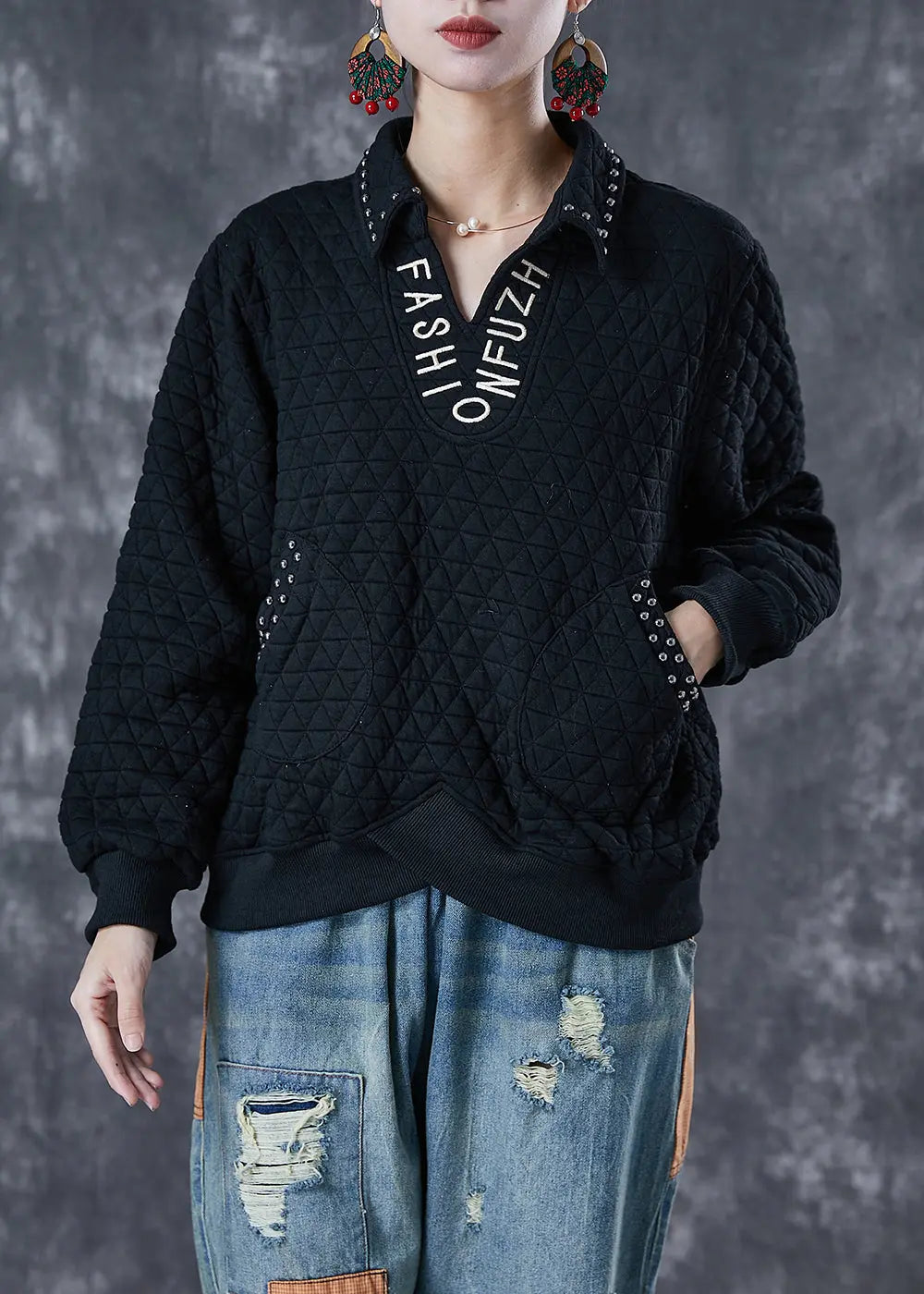 Women Black Letter Embroidered Rivet Cotton Pullover Sweatshirt Fall Ada Fashion