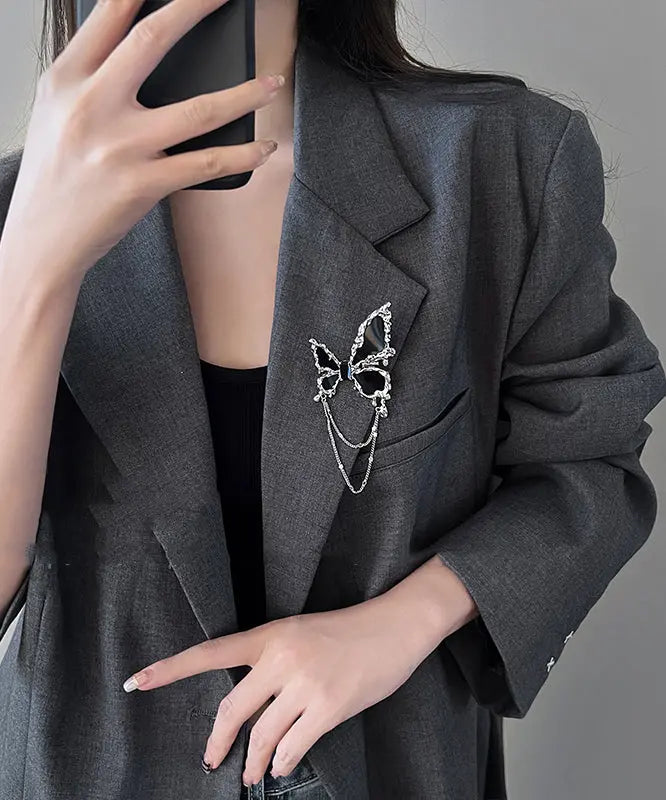 Women Black Metal Butterfly Tassel Brooches Ada Fashion