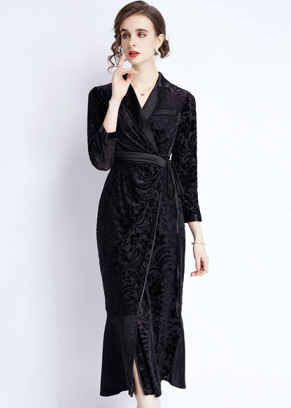 Women Black Notched Lace Up Jacquard Patchwork Silk Long Dresses Fall Ada Fashion