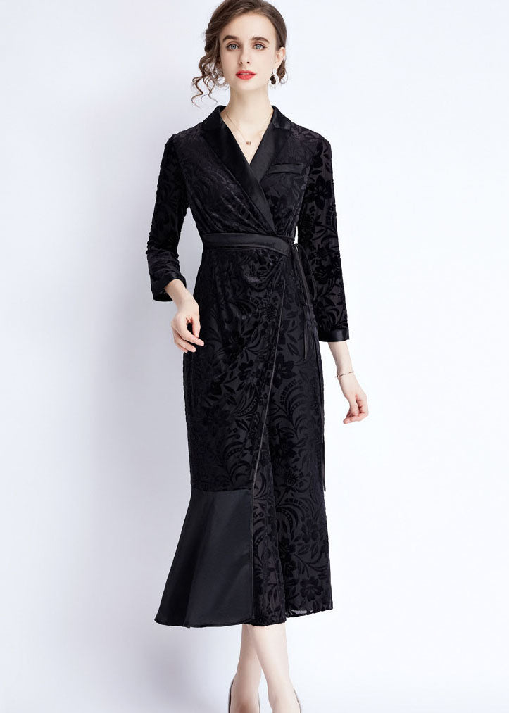 Women Black Notched Lace Up Jacquard Patchwork Silk Long Dresses Fall Ada Fashion