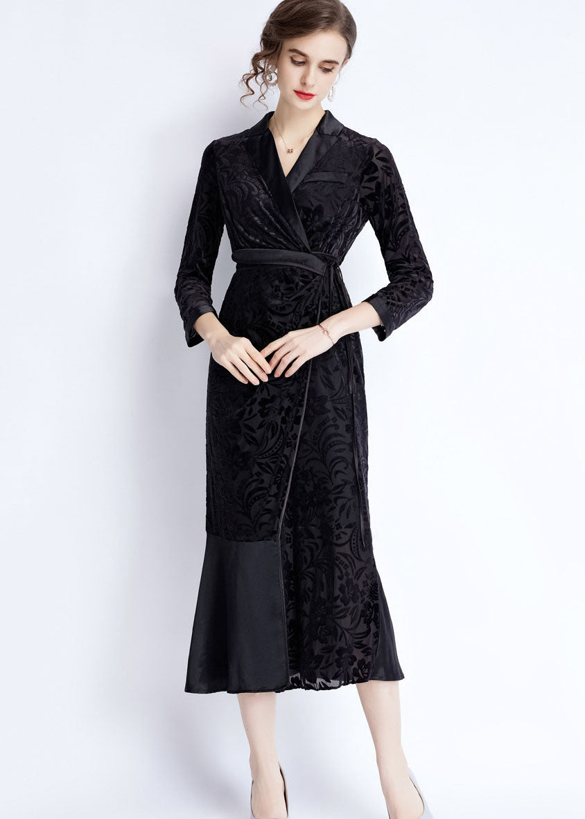 Women Black Notched Lace Up Jacquard Patchwork Silk Long Dresses Fall Ada Fashion