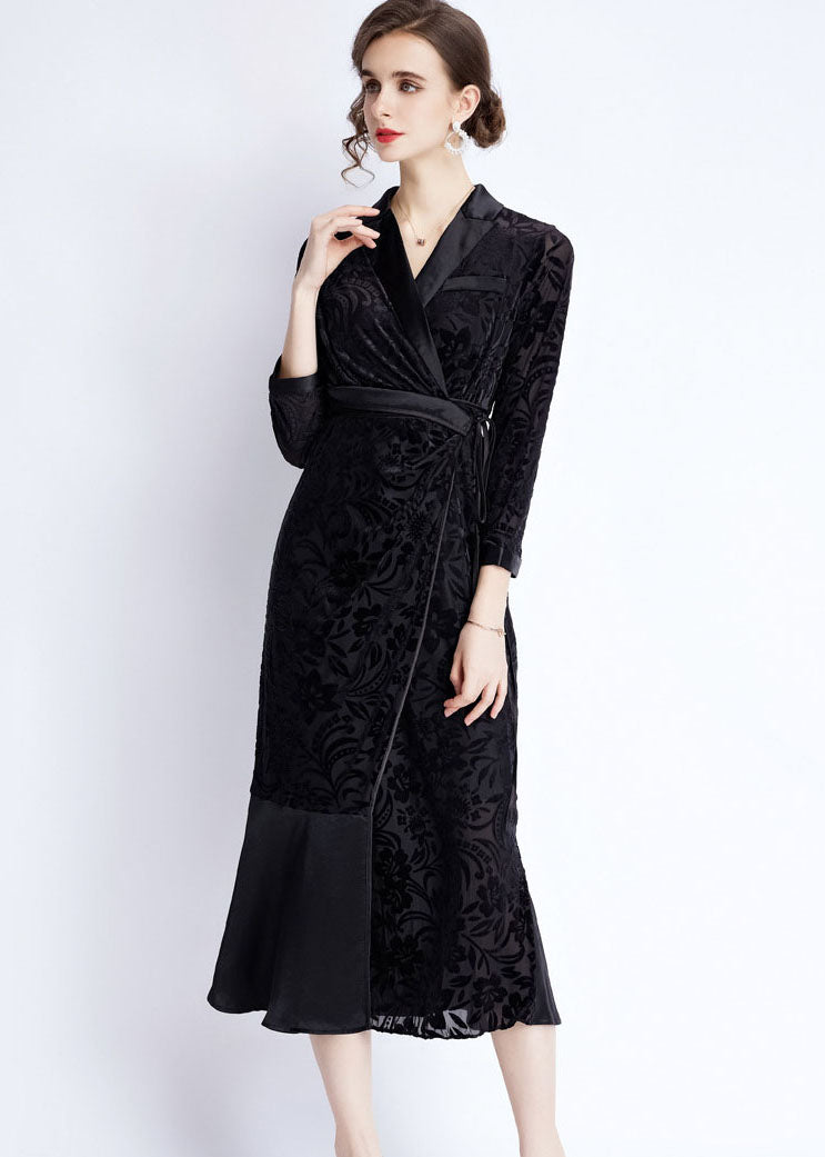 Women Black Notched Lace Up Jacquard Patchwork Silk Long Dresses Fall Ada Fashion