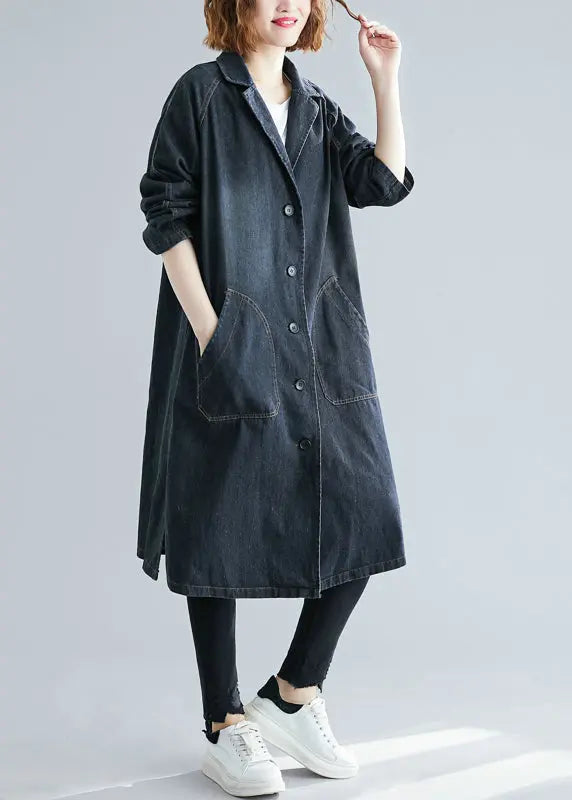 Women Black Notched Pockets Denim Trench Fall Ada Fashion