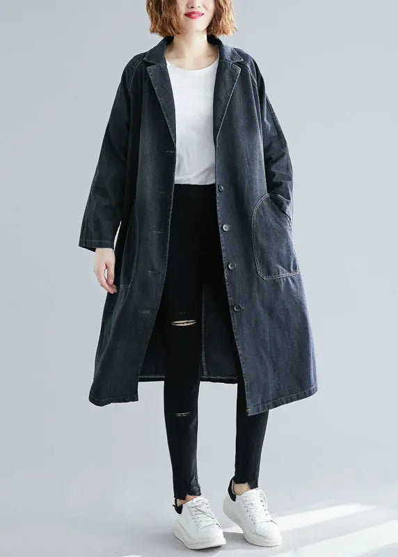 Women Black Notched Pockets Denim Trench Fall Ada Fashion