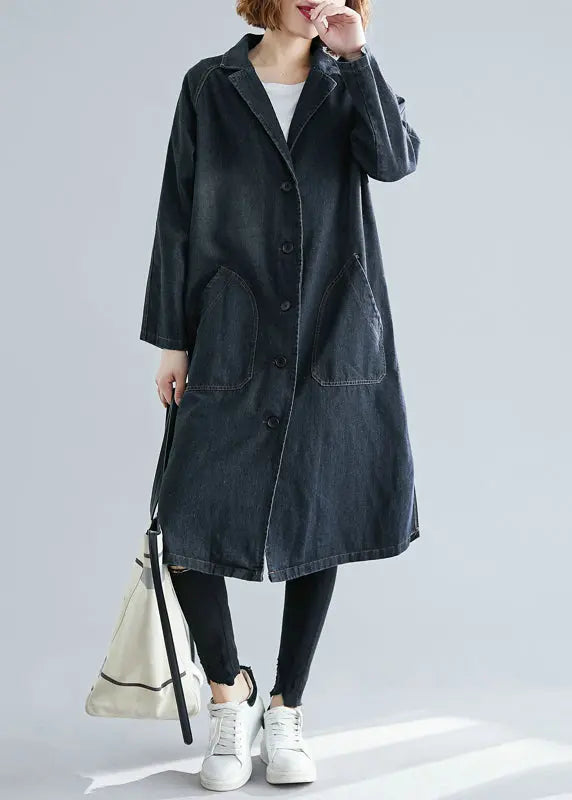 Women Black Notched Pockets Denim Trench Fall Ada Fashion