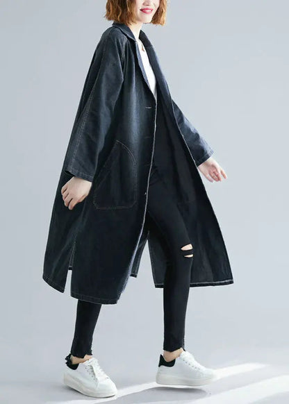 Women Black Notched Pockets Denim Trench Fall Ada Fashion