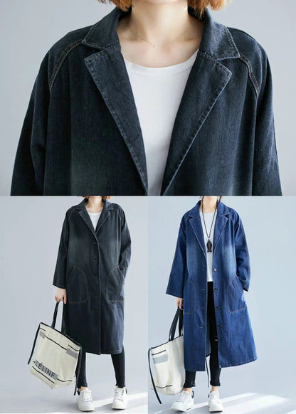 Women Black Notched Pockets Denim Trench Fall Ada Fashion