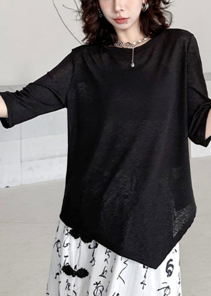 Women Black O-Neck Asymmetrical Patchwork Cotton T Shirt Half Sleeve Ada Fashion