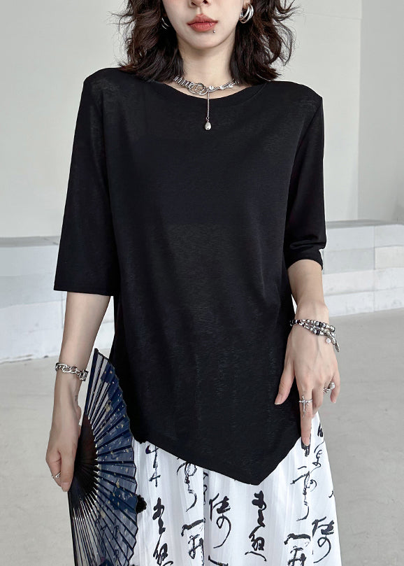 Women Black O-Neck Asymmetrical Patchwork Cotton T Shirt Half Sleeve Ada Fashion