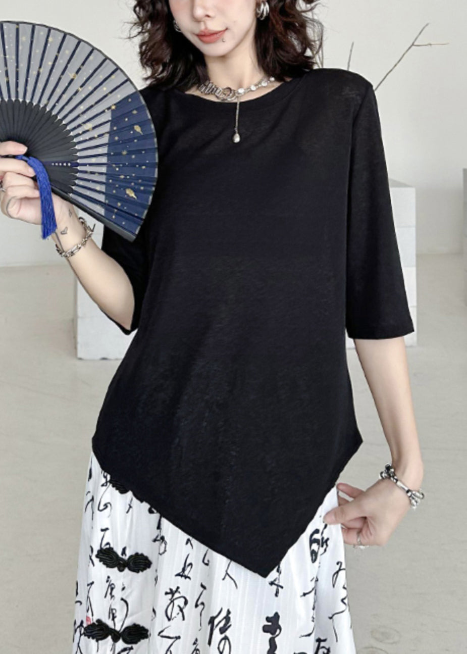 Women Black O-Neck Asymmetrical Patchwork Cotton T Shirt Half Sleeve Ada Fashion