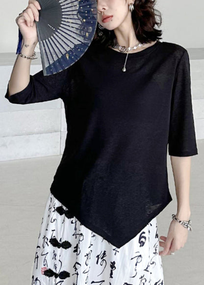 Women Black O-Neck Asymmetrical Patchwork Cotton T Shirt Half Sleeve Ada Fashion