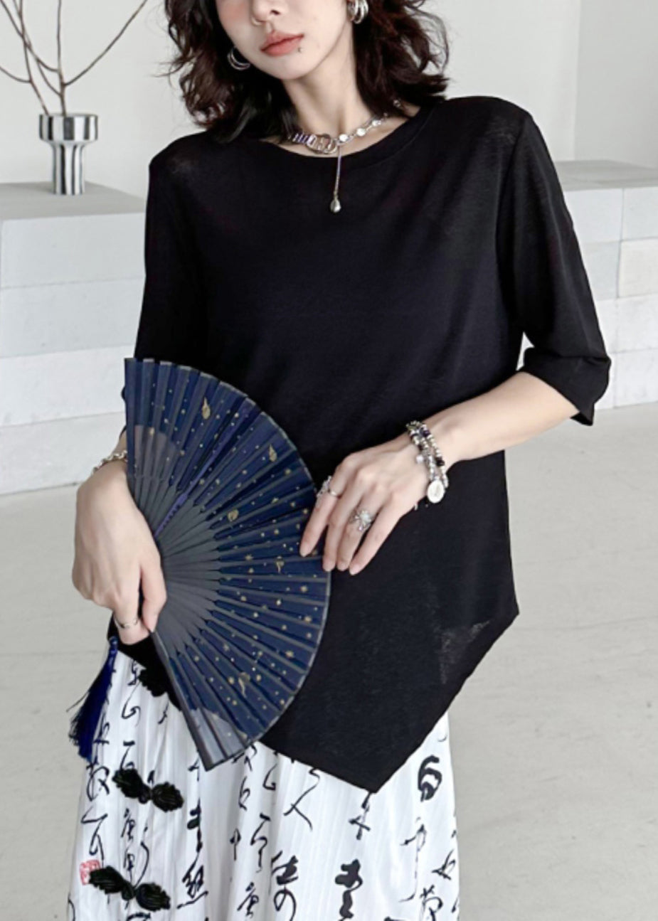 Women Black O-Neck Asymmetrical Patchwork Cotton T Shirt Half Sleeve Ada Fashion