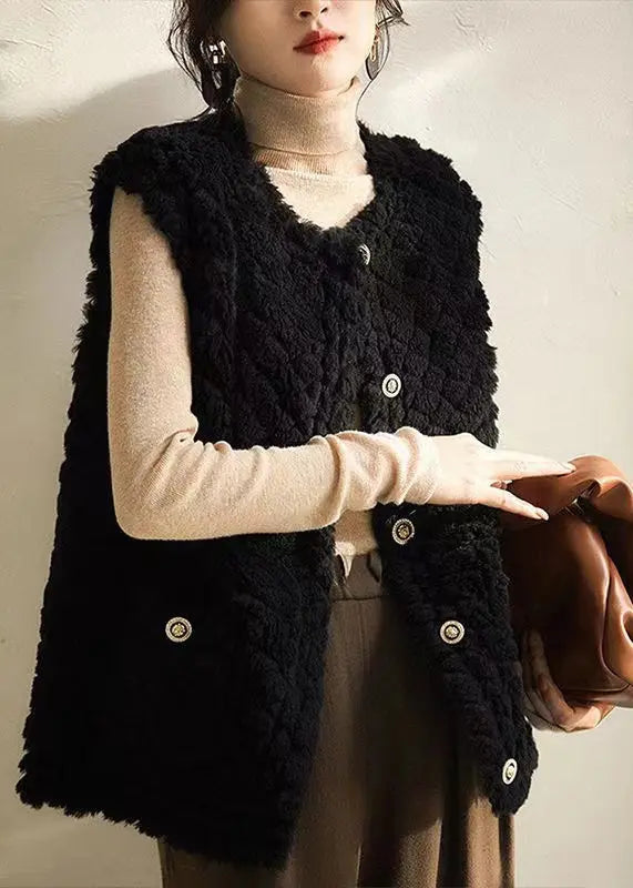 Women Black O Neck Button Patchwork Wool Vest Sleeveless Ada Fashion