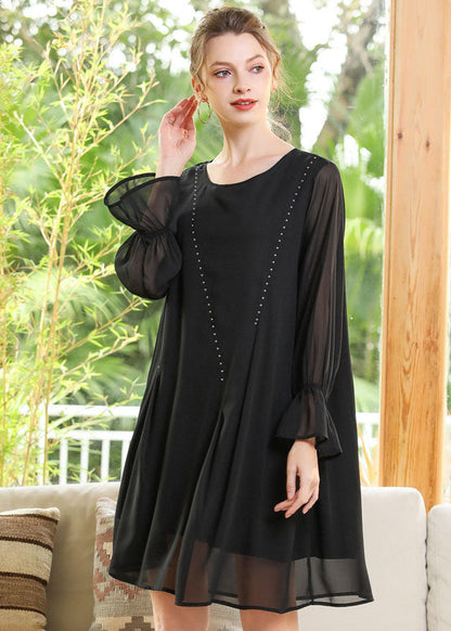 Women Black O-Neck Chiffon A Line Dress Lantern Sleeve LY0255 - fabuloryshop