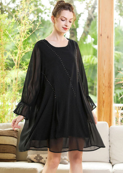 Women Black O-Neck Chiffon A Line Dress Lantern Sleeve LY0255 - fabuloryshop