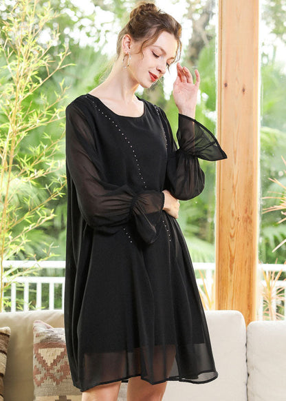 Women Black O-Neck Chiffon A Line Dress Lantern Sleeve LY0255 - fabuloryshop