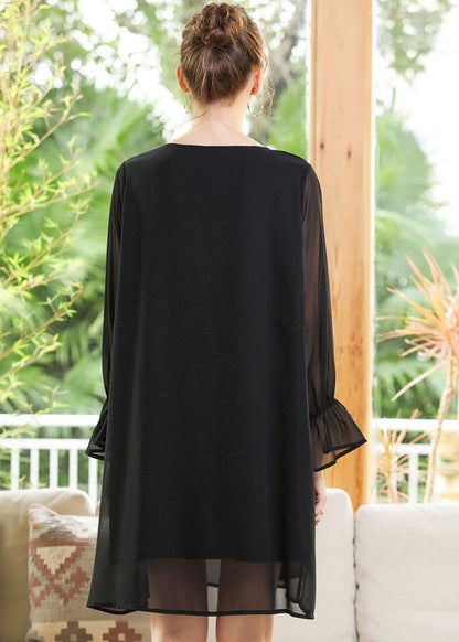 Women Black O-Neck Chiffon A Line Dress Lantern Sleeve LY0255 - fabuloryshop