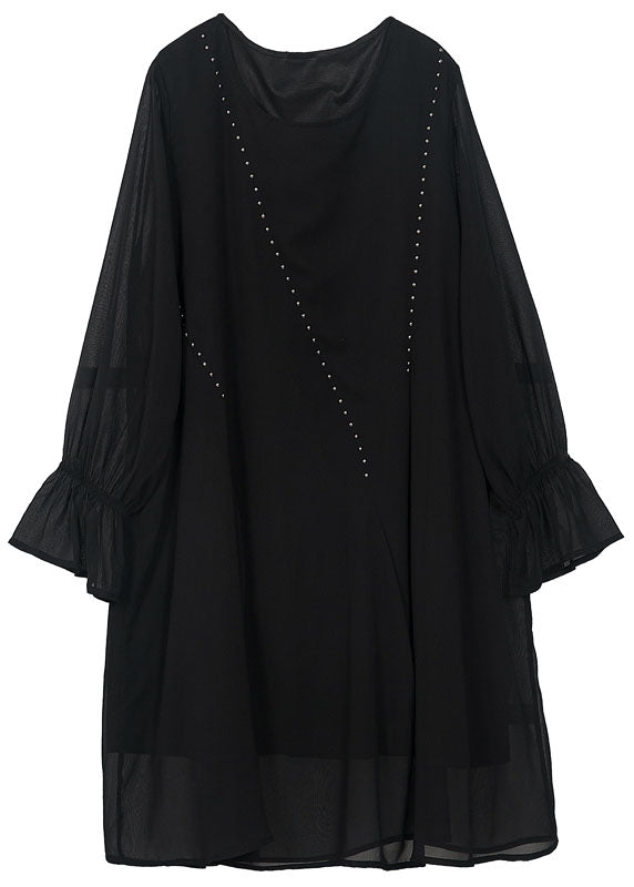 Women Black O-Neck Chiffon A Line Dress Lantern Sleeve LY0255 - fabuloryshop