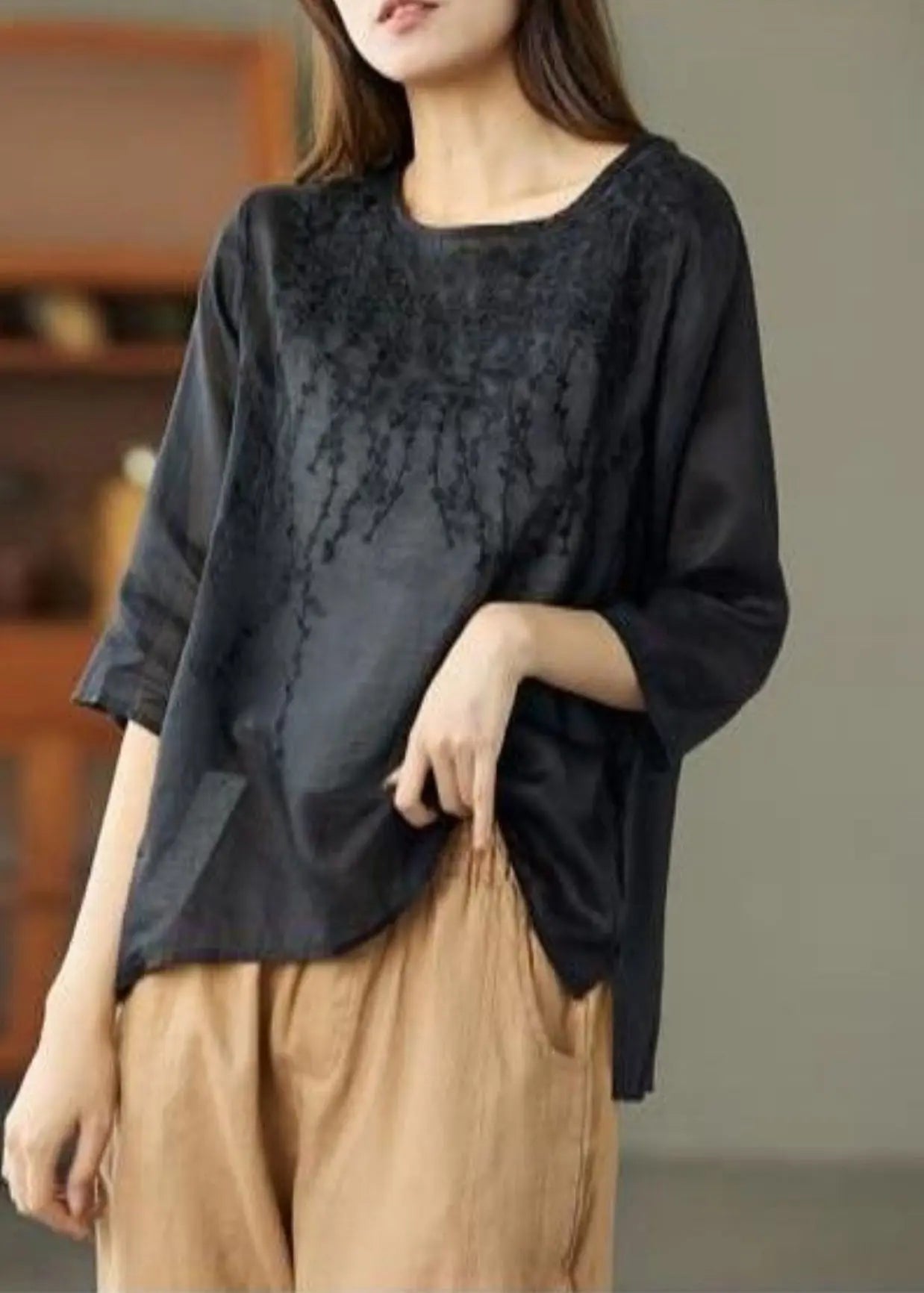 Women Black O Neck Embroideried Patchwork Linen T Shirt Summer Ada Fashion