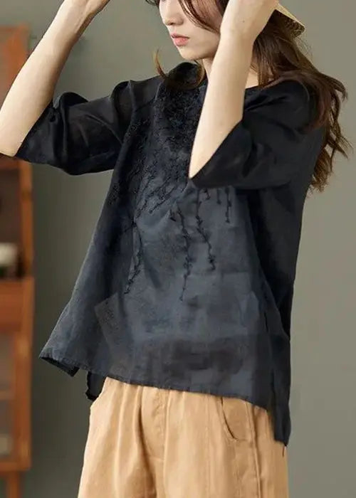 Women Black O Neck Embroideried Patchwork Linen T Shirt Summer Ada Fashion