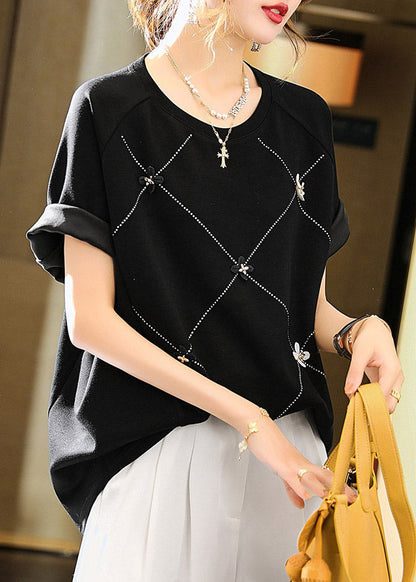 Women Black O-Neck Floral Tops Short Sleeve LY1522 - fabuloryshop