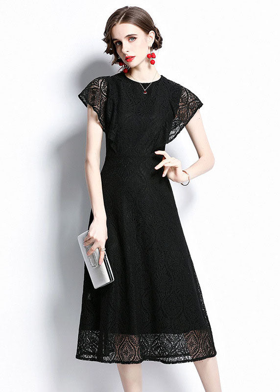 Women Black O Neck Hollow Out Patchwork Lace Dresses Batwing Sleeve LY7393 - fabuloryshop