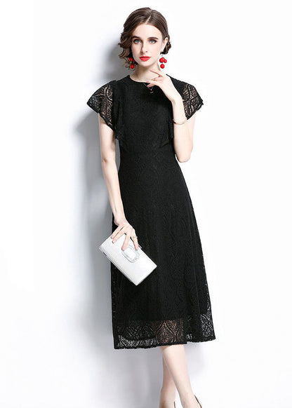 Women Black O Neck Hollow Out Patchwork Lace Dresses Batwing Sleeve LY7393 - fabuloryshop